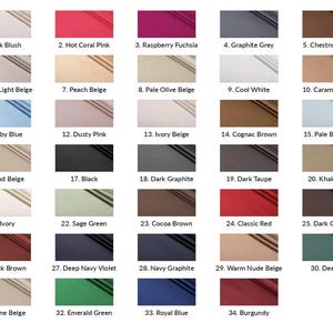 以下が含まれることがあります： Milk Blush、Hot Coral Pink、Raspberry Fuchsia、Graphite Grey、Chestnut Brown、Warm Light Beige、Peach Beige、Pale Olive Beige、Cool White、Caramel Brownなど、34色の番号付き生地見本が並ぶカラーチャート。