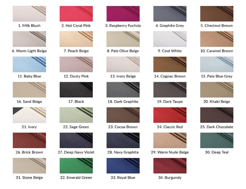 以下が含まれることがあります： Milk Blush、Hot Coral Pink、Raspberry Fuchsia、Graphite Grey、Chestnut Brown、Warm Light Beige、Peach Beige、Pale Olive Beige、Cool White、Caramel Brownなど、34色の番号付き生地見本が並ぶカラーチャート。