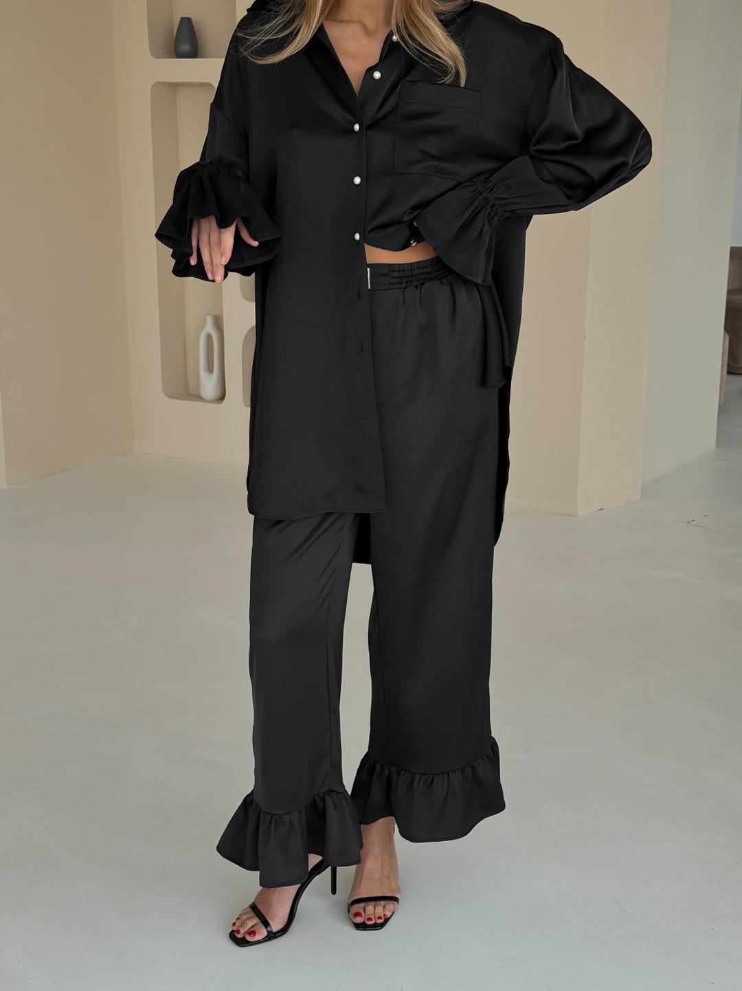 Black Floral Print 2 Pc Pant Satin Lined Pajama Lounge Set