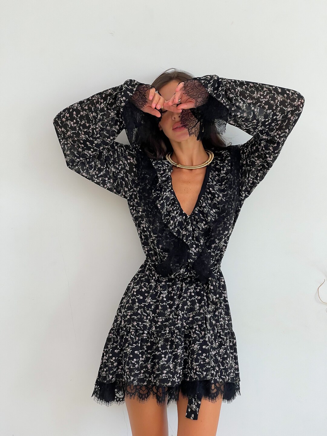 Chiffon Black Mini Floral Print Dress With Lace and Ruffles. Custom ...