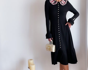 Vintage Style Black Midi Dress: Handmade Jersey Knit Collared Robe Vintage Style Black Midi Dress: Handmade Jersey Knit Collared Robe
