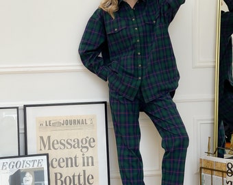 Green Tartan Flannel Oversized Shirt, Plaid Boyfriend Shirt, Check Loungewear Top, Casual Streetwear Shirt