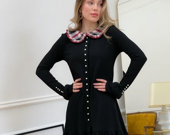 Vintage Style Black Mini Jersey Dress with Ruffle