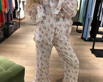 Floral Muslin Pajama Set: Ruffle Boho Cotton Lounge Wear