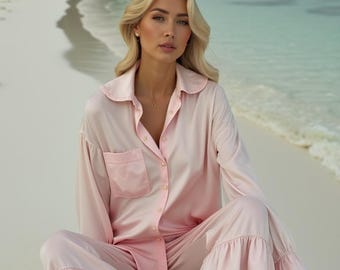 Pink Satin Pajama Set: Ruffle Long Sleeve Bridal Pajamas