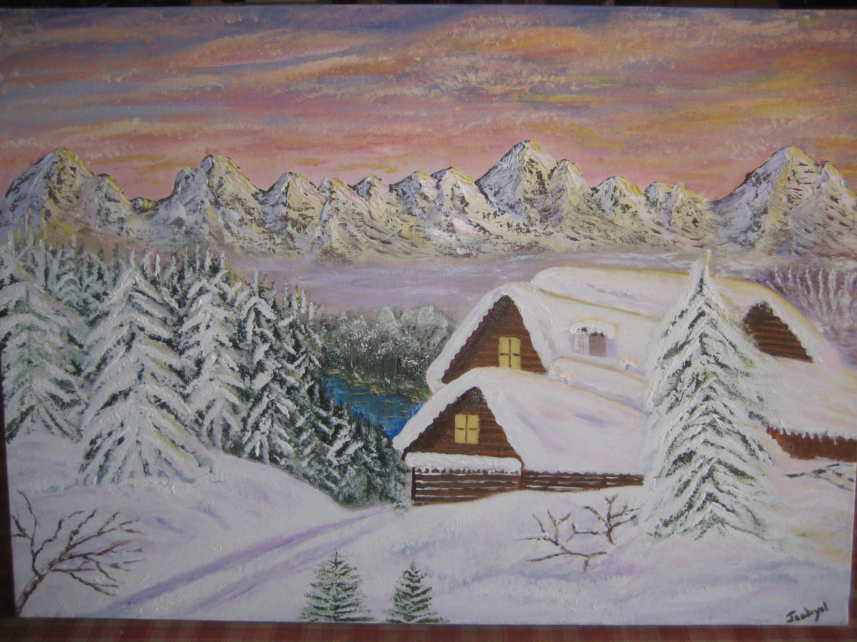 Peinture A L'huile sur Toile Chalets d'hiver Signée Par L'artiste
