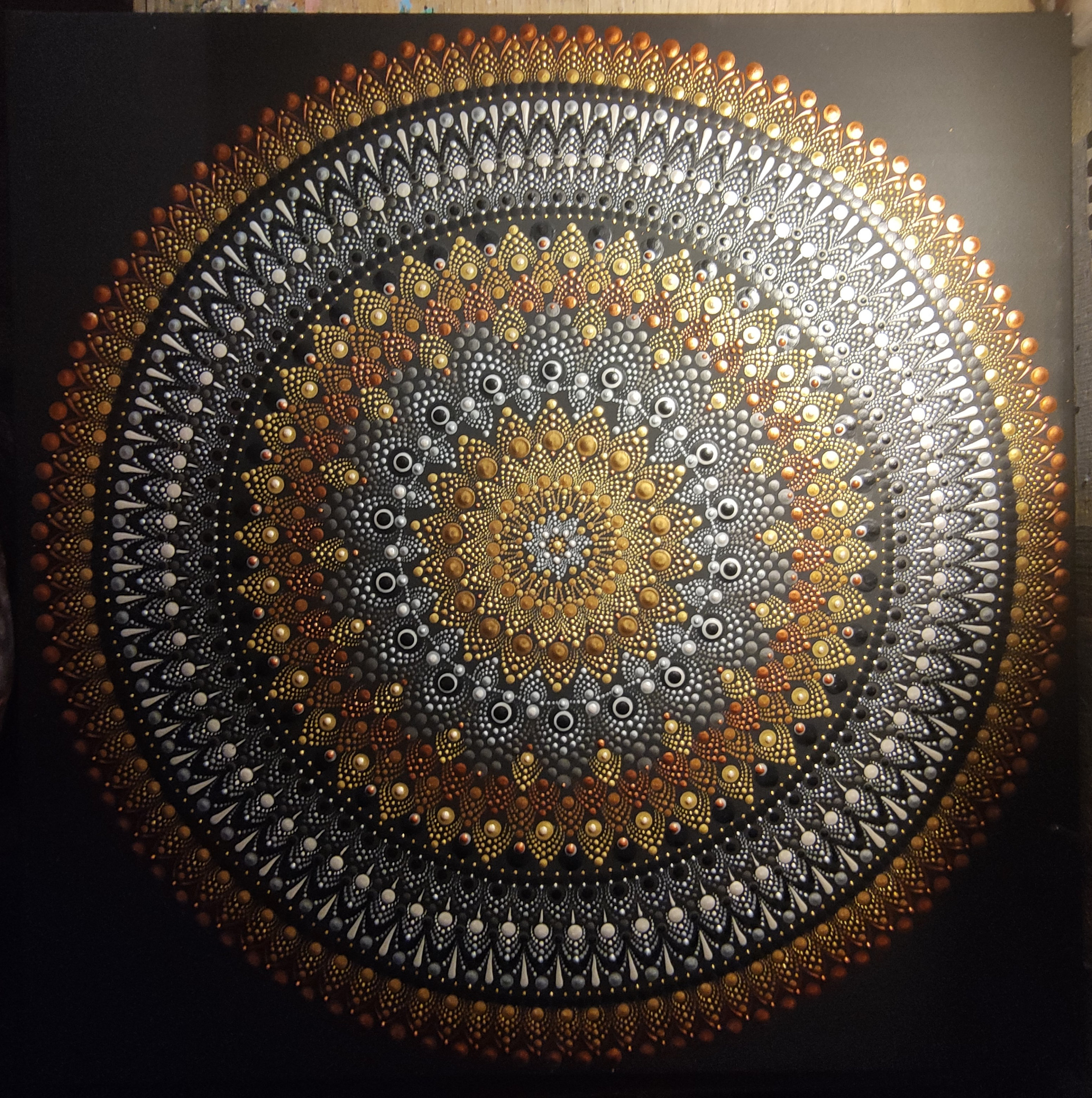 Mandala the Black Beauty, 70x70 Cm Silver and Gold Raised Painting