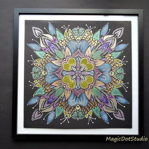 Linda mandala de flores desenhada em técnica pastel, grande pintura original emoldurada Dot Art, ideia para inauguração de casa, arte Boho, decoração de estúdio de ioga