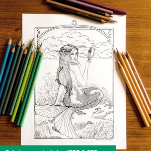 Mermaid Instant Download Coloring Page