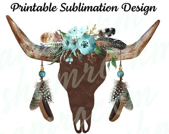 Printable Sublimation Design | Steer Skull | Feathers & Flowers | Turquoise | png images | transparent background | high resolution 300 dpi
