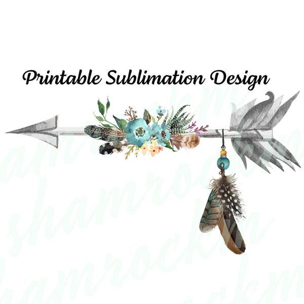 Printable Sublimation Design | Boho arrow with feathers | Silver & Turquoise  png images | transparent background | high resolution 300 dpi