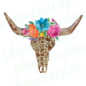 Steer Skull in Giraffe print with bright florals, png images with transparent background, high resolution 300 dpi