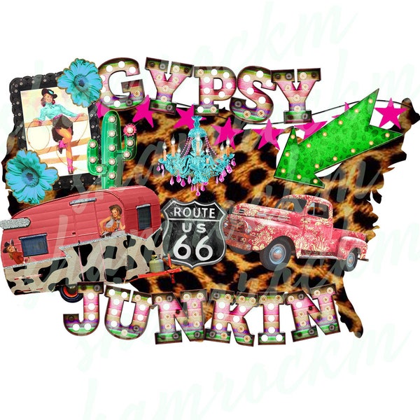 Gypsy Junkin featuring vintage truck, camper and marquee letters, png images with transparent background, high resolution 300 dpi