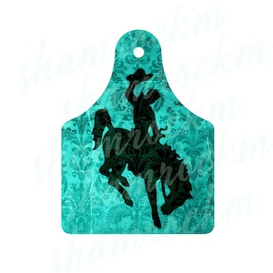 Vintage Teal Bronc Rider Ear Tag,  png images with transparent background, high resolution 300 dpi