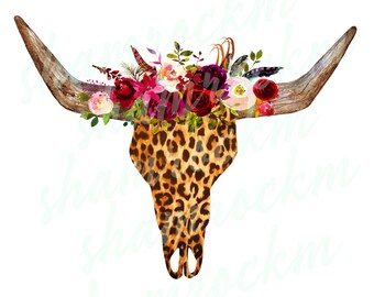 Boho leopard steer skull version 3,  png and svg images with transparent background, high resolution 300 dpi