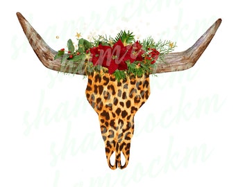 Boho leopard steer skull with poinsettias,  png images with transparent background, high resolution 300 dpi