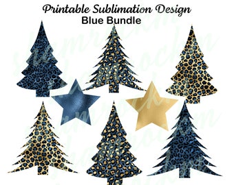 Printable Sublimation Design, Blue Leopard Print Christmas Tree bundle, png images with transparent background, high resolution 300 dpi