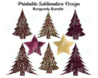 Printable Sublimation Design, Burgundy Leopard Print Christmas Tree Bundle, png images with transparent background, high resolution 300 dpi
