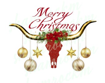 Merry Christmas Longhorn Skull, png images with transparent background, high resolution 300 dpi