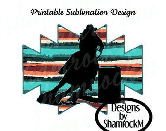 May include: A silhouette of a barrel racer riding a horse around a barrel, set against a background of turquoise, red, and black stripes. The text "Designs by ShamrockM" is below the image.
