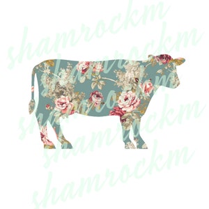 May include: A silhouette of a cow filled with a floral pattern. The pattern features pink, red, and white roses on a light blue background.