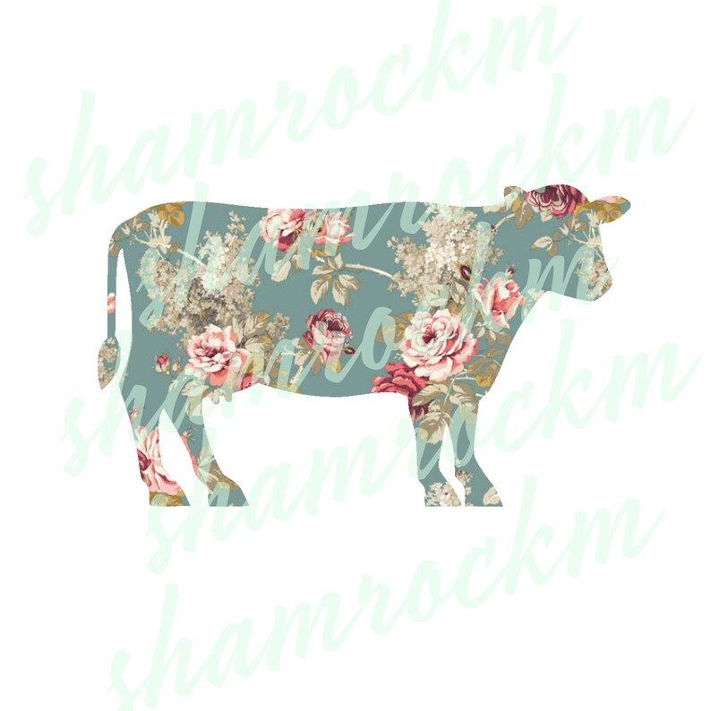 May include: A silhouette of a cow filled with a floral pattern. The pattern features pink, red, and white roses on a light blue background.