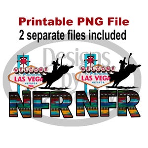 May include: A digital design featuring the text "NFR" in colorful, patterned letters. Two images of a silhouette of a cowboy riding a bull are on either side of the text. The text "Welcome to Fabulous Las Vegas Nevada 2024" is displayed on a neon sign behind each cowboy.