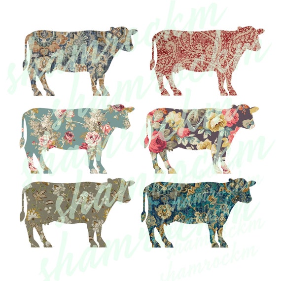 Digital Download Clipart, Cow silhouette floral and paisley patterns, png images with transparent background, high resolution 300 dpi