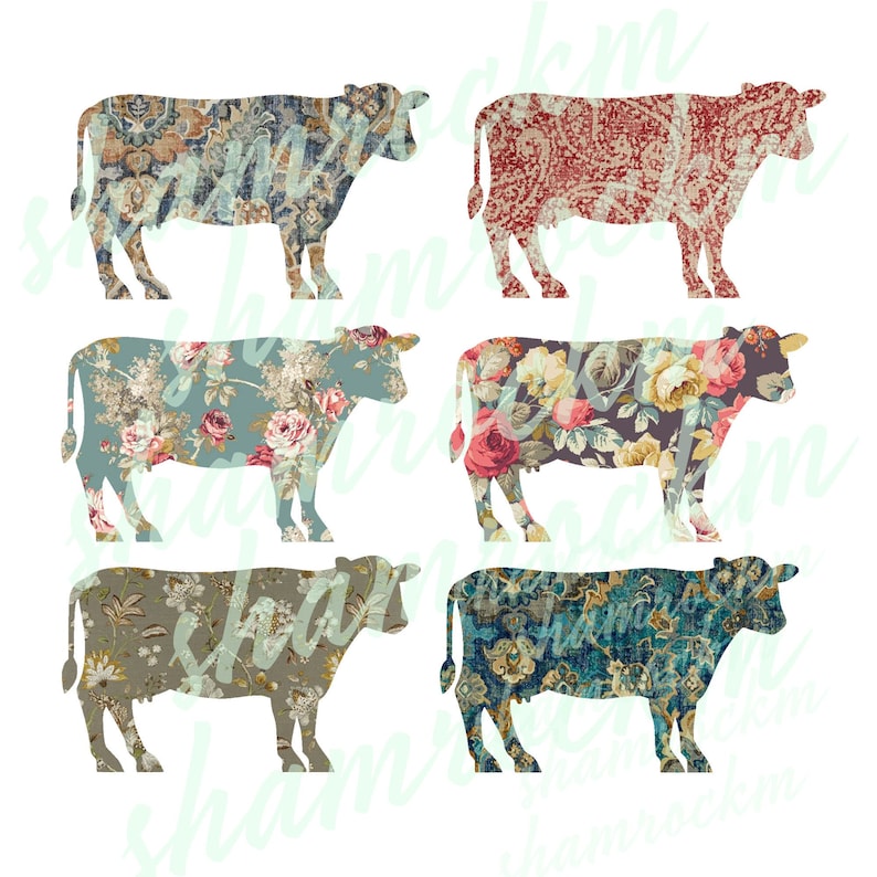 May include: Six digital images of cow silhouettes with different floral patterns. The patterns include paisley, floral, and geometric designs in shades of blue, red, green, and brown.