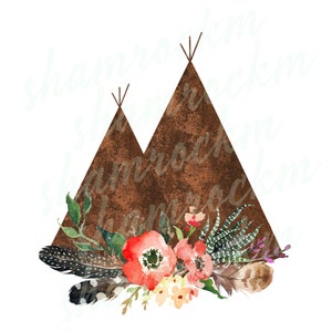 May include: Two brown teepees with a floral arrangement at the base. The flowers are red, pink, and yellow. There are also feathers in the arrangement.