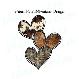 Printable Sublimation Design | Heart Trio in Cowhide | png images | transparent background | high resolution 300 dpi