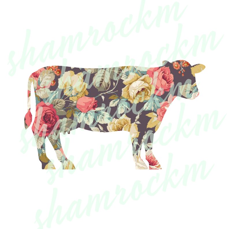 May include: A floral patterned silhouette of a cow. The cow is outlined in black and filled with a floral pattern featuring pink, yellow, and green flowers.