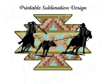 May include: Silhouette of two cowboys on horseback roping a calf against a colorful geometric background. The background is a pattern of brown, pink, blue, and green squares and triangles.