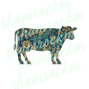 May include: A blue and gold patterned cow silhouette. The pattern is reminiscent of a paisley design.