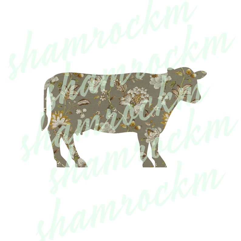 May include: A brown cow silhouette with a floral pattern overlay. The pattern features white, yellow, and brown flowers on a beige background.