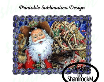 Printable Sublimation Design | Cowboy Santa with Reindeer | png images | transparent background | high res 300 dpi