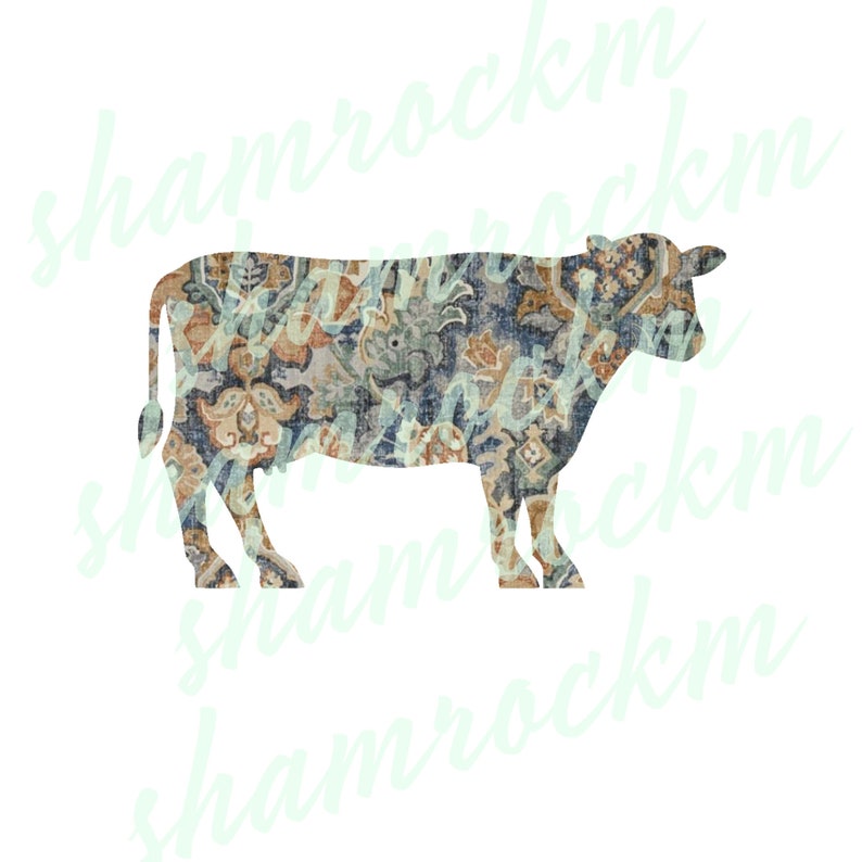 May include: A silhouette of a cow filled with a colorful paisley pattern. The pattern is in shades of blue, brown, and cream.