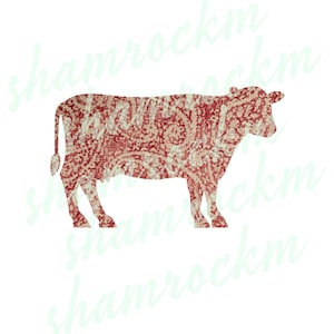 May include: A red cow silhouette with a paisley pattern. The cow is standing on a white background.