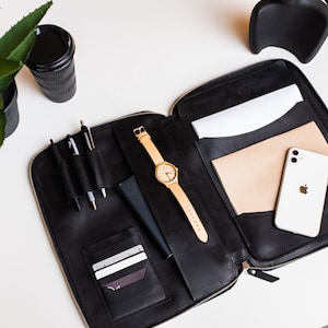 Portefeuille d’affaires en cuir personnalisé, Journal en cuir grand, Padfolio en cuir avec porte-carte de visite, Portefeuille de documents en cuir