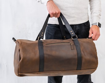 Bolso de lona de cuero para hombre, Weekender de cuero hecho a mano, Bolso de gimnasio, Bolso de lona de vacaciones, Bolso de viaje de cuero, Bolso de noche, Sujetador de cuero