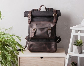 Canvas and leather backpack,Unisex backpack,Laptop Backpack,Canvas Backpack,Large backpack,Leather rucksack,Mens backpack,Men rucksack