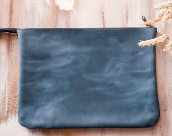 Blue leather simple iPad bag with zipper