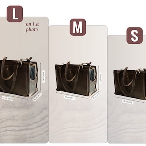 May include: Three brown leather tote bags with a zipped pocket on the front. The bags are labelled L, M, and S, and the measurements are listed in inches and centimetres. The bags are on a light grey background.