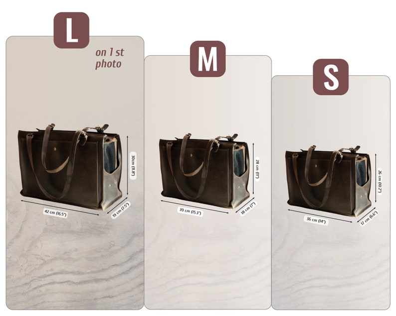 May include: Three brown leather tote bags with a zipped pocket on the front. The bags are labelled L, M, and S, and the measurements are listed in inches and centimetres. The bags are on a light grey background.