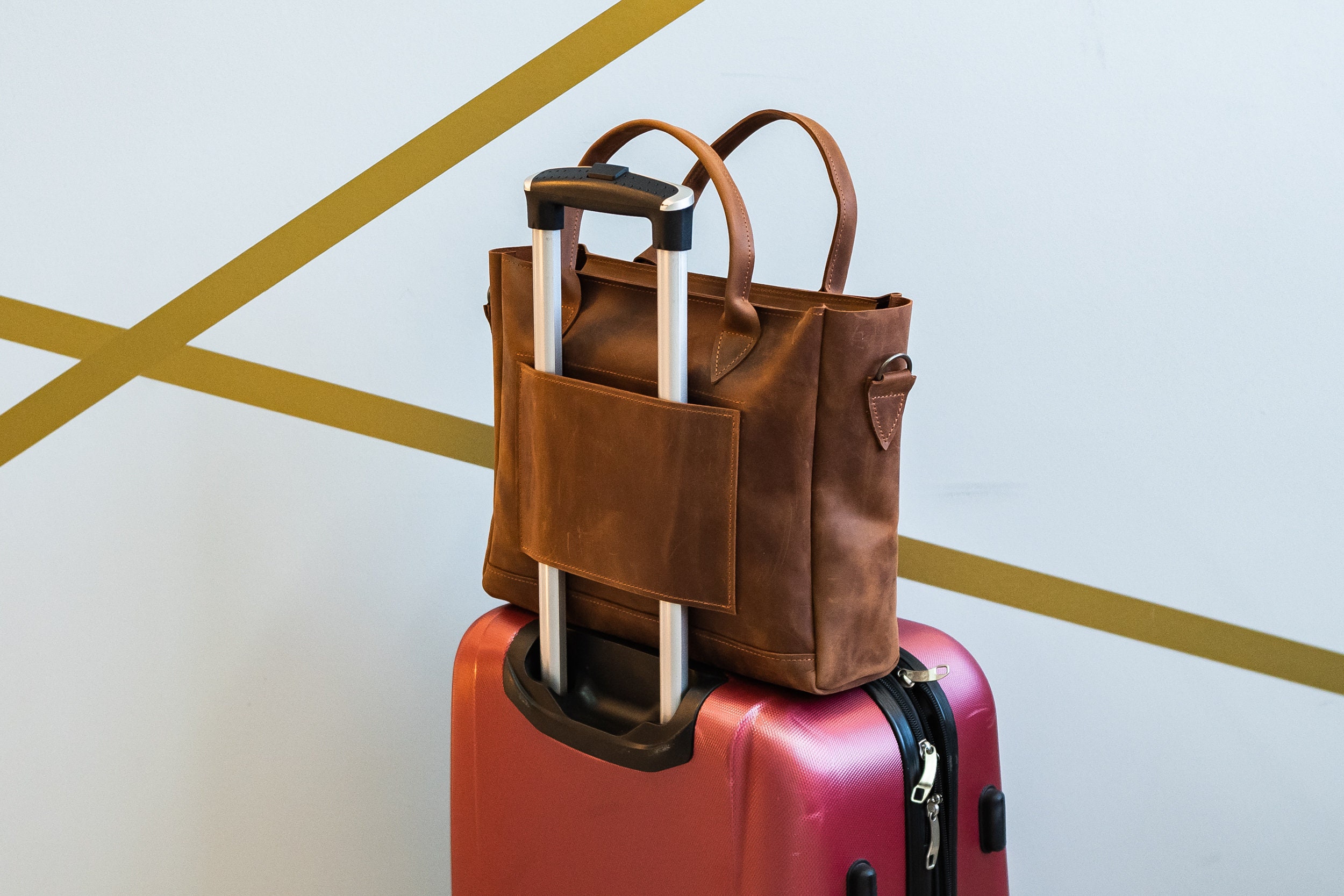 Leather Tote With Trolley Sleeve Leather Bag With Luggage - Etsy