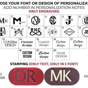 May include: A chart displaying 20 different font and design options for personalisation. The options include initials, names, and custom designs. The chart also includes two examples of stamped text in red and gold.