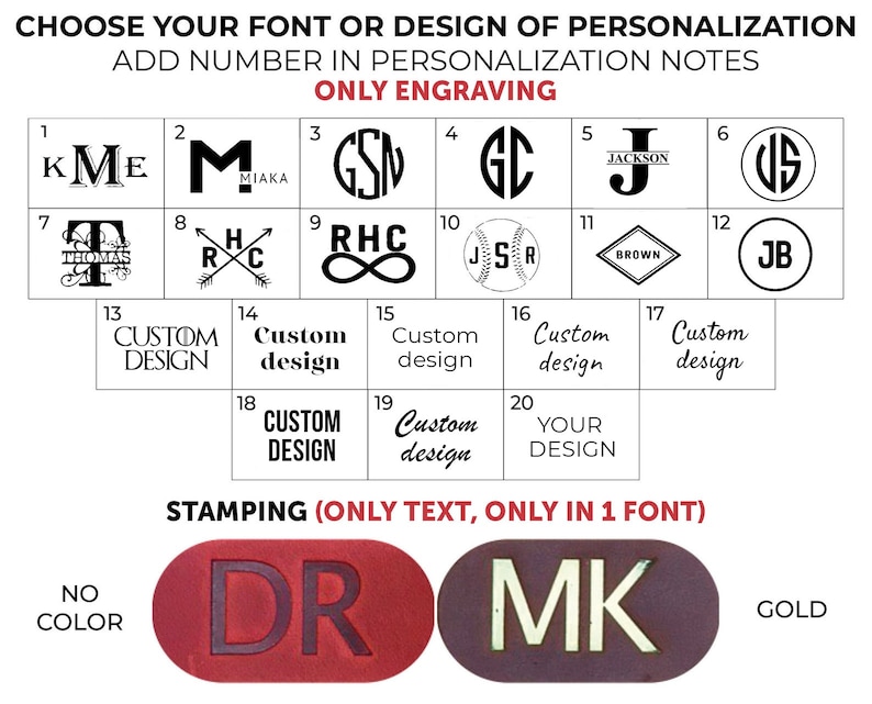 May include: A chart displaying 20 different font and design options for personalisation. The options include initials, names, and custom designs. The chart also includes two examples of stamped text in red and gold.