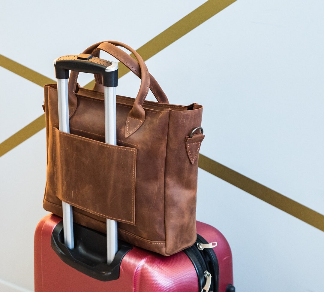 Leather Tote With Trolley Sleeve, Leather Bag With Luggage Sleeve, Tote ...