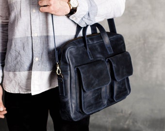 Bolsa de ombro em couro para homem. Bolsa mensageiro masculina em couro. Bolsa transversal para notebook em couro.