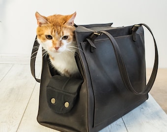 Cat carrier purse, Cat gift, Leather cat tote, Travel portable bag, Cat carrier tote, Gift for cat, Cat lover gift